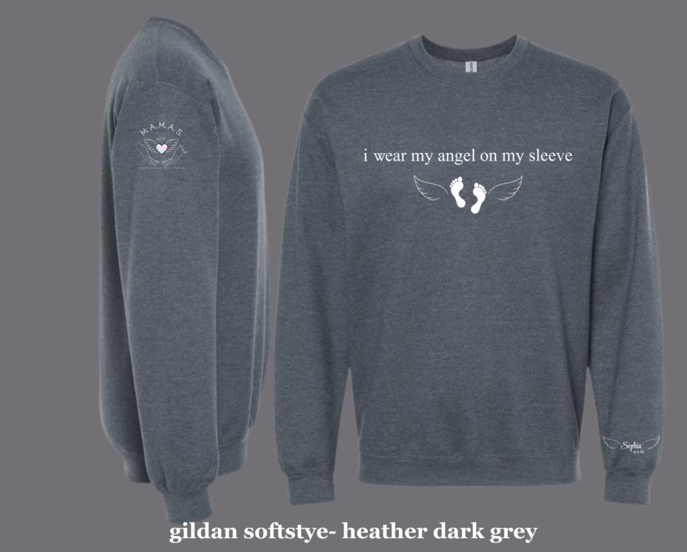 I WEAR MY ANGEL ON YM SLEEVE - CUSTOM NAME  SHIRT OR SWEATSHIRT -PEPPER/DARK HEATHER