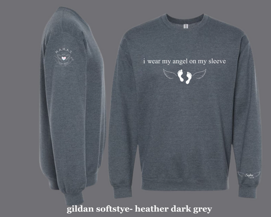 I WEAR MY ANGEL ON YM SLEEVE - CUSTOM NAME  SHIRT OR SWEATSHIRT -PEPPER/DARK HEATHER