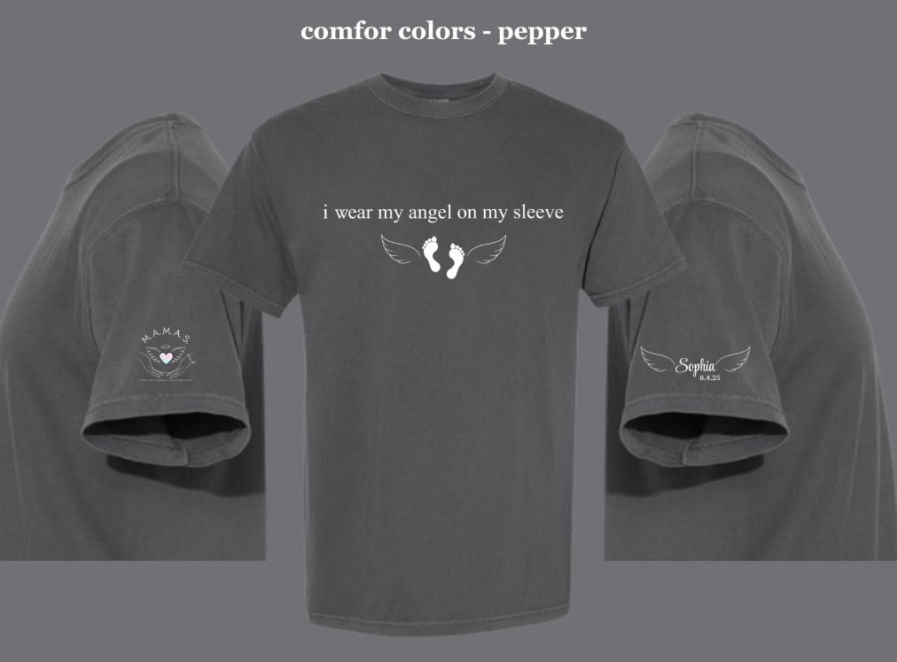 I WEAR MY ANGEL ON YM SLEEVE - CUSTOM NAME  SHIRT OR SWEATSHIRT -PEPPER/DARK HEATHER