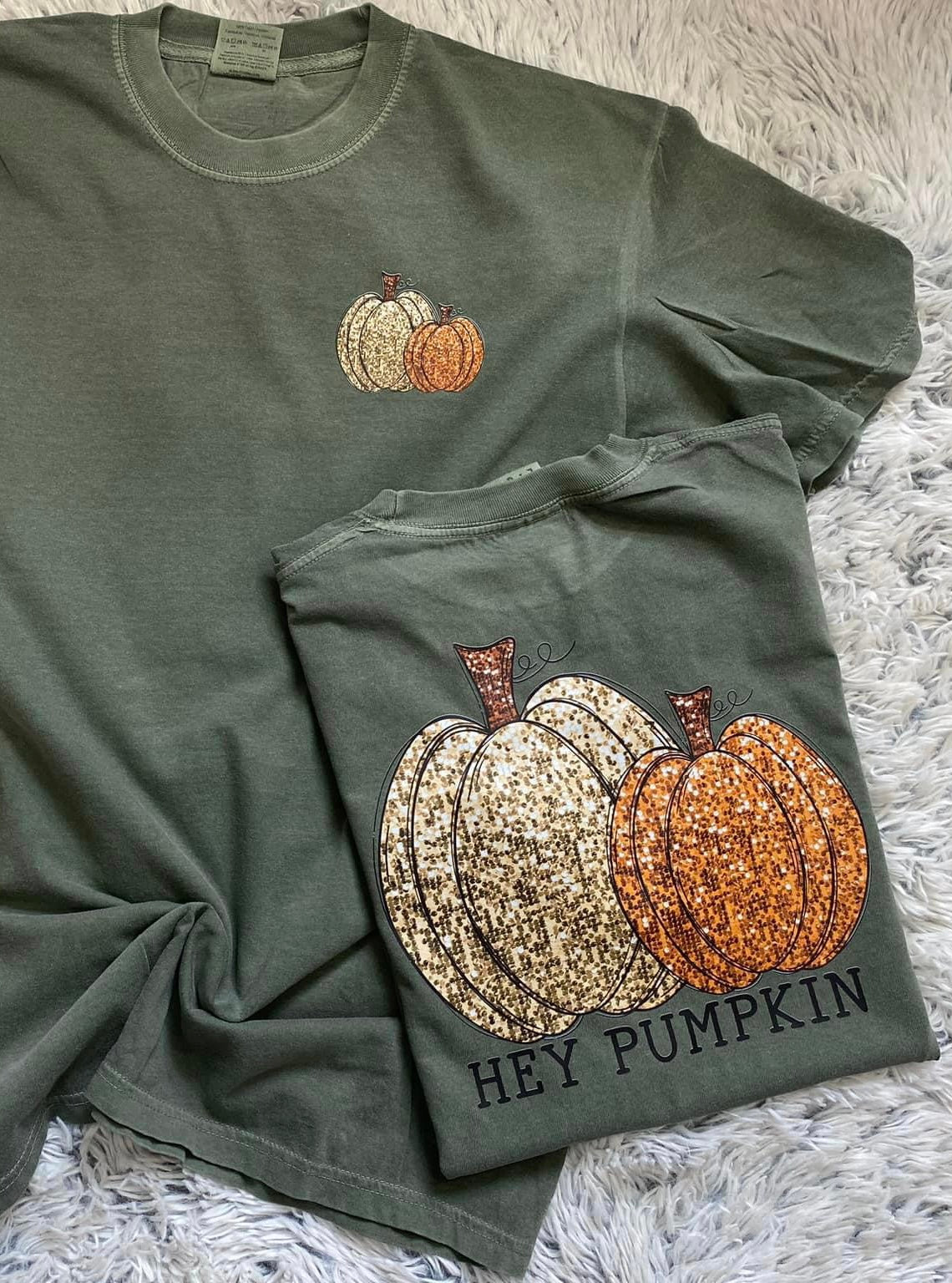 Hey pumpkin sequins comfort color green shirt