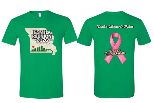 White/Black Family Reunion with ribbon on back Irish green shirt