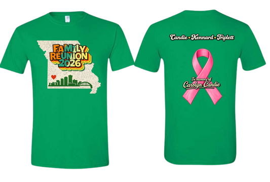 Colorful Family Reunion with ribbon on back Irish green shirt