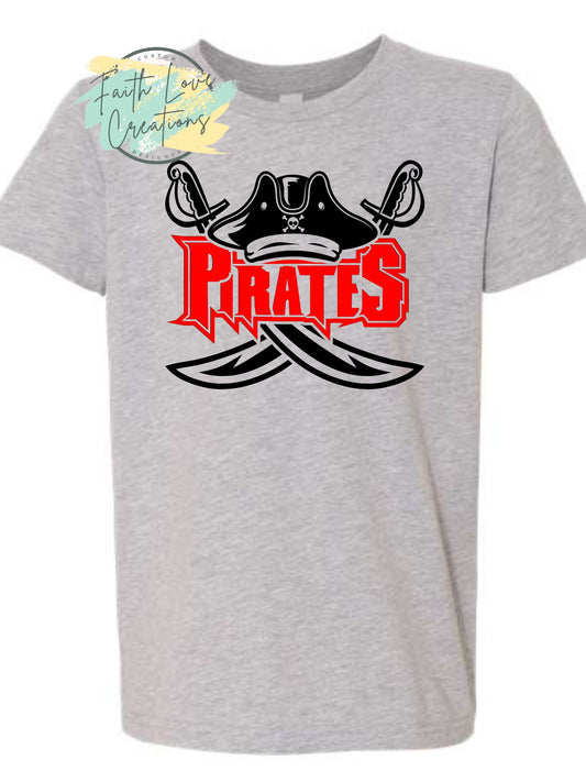 pirate sword front with splatter red, black P pirates add last name on top or leave blank