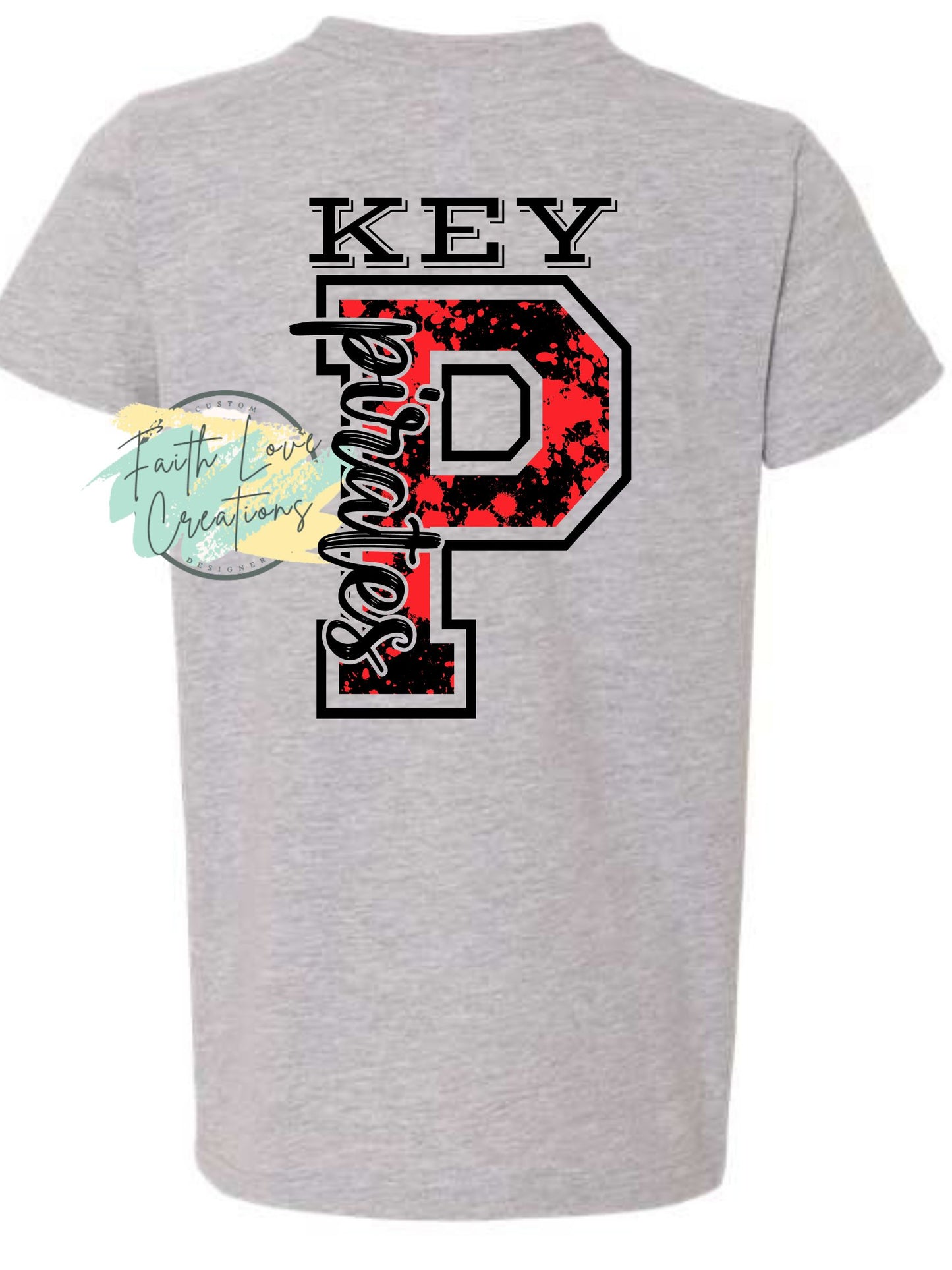 pirate sword front with splatter red, black P pirates add last name on top or leave blank