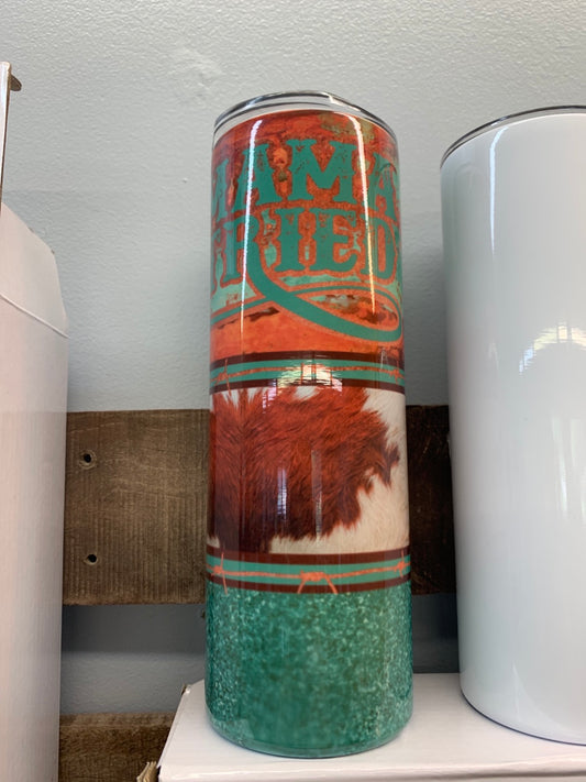 Mama Tried rustic tumbler teal w/cowhide